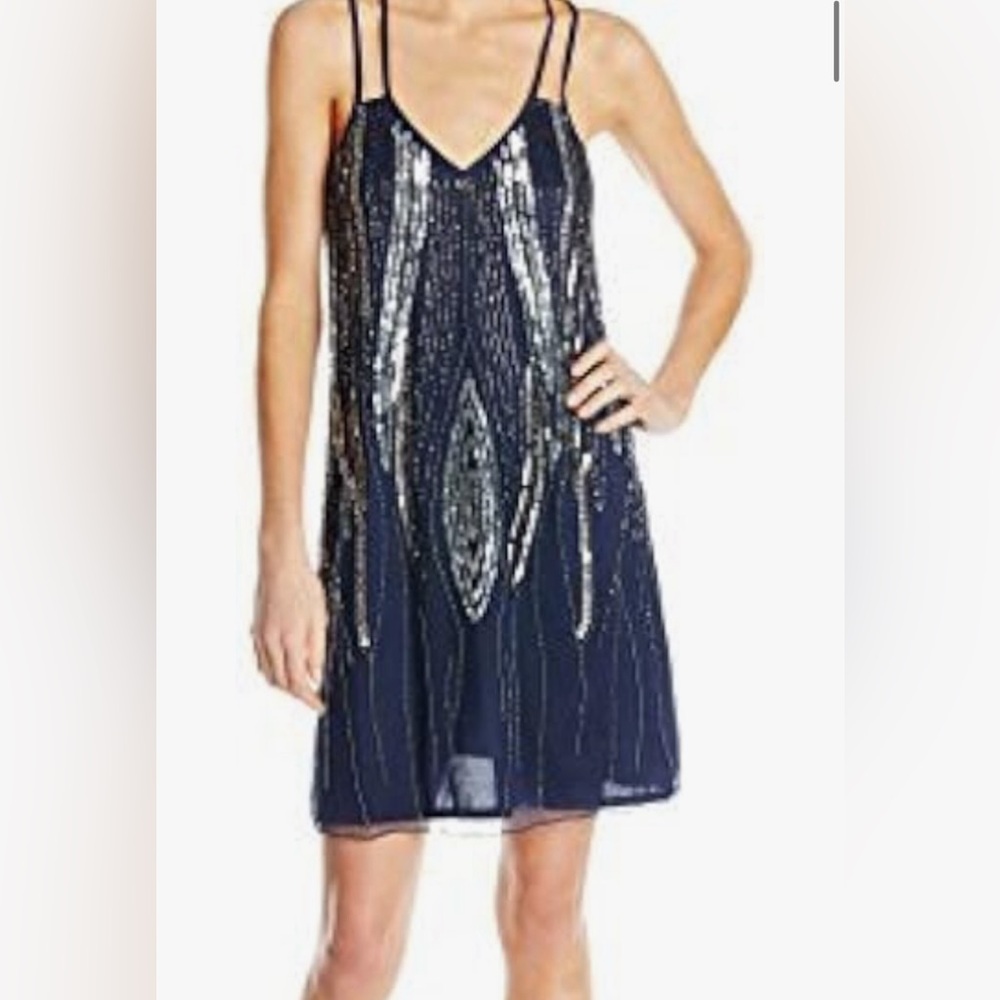 Angie women's blue beaded double strap cocktail party dress size Small